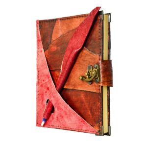 Kırmızı Kalem Detaylı El Yapımı Orta Boy Deri Defter 2