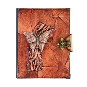 Metal Kelebek Detaylı El Yapımı Büyük Boy Deri Defter 1