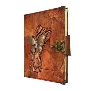 Metal Kelebek Detaylı El Yapımı Büyük Boy Deri Defter 2
