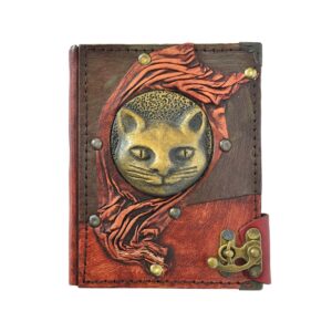Büyük Kedi Detaylı El Yapımı Küçük Boy Deri Defter 1