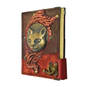 Büyük Kedi Detaylı El Yapımı Küçük Boy Deri Defter 2