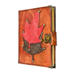 İkili Yaprak Detaylı El Yapımı Orta Boy Deri Defter 2