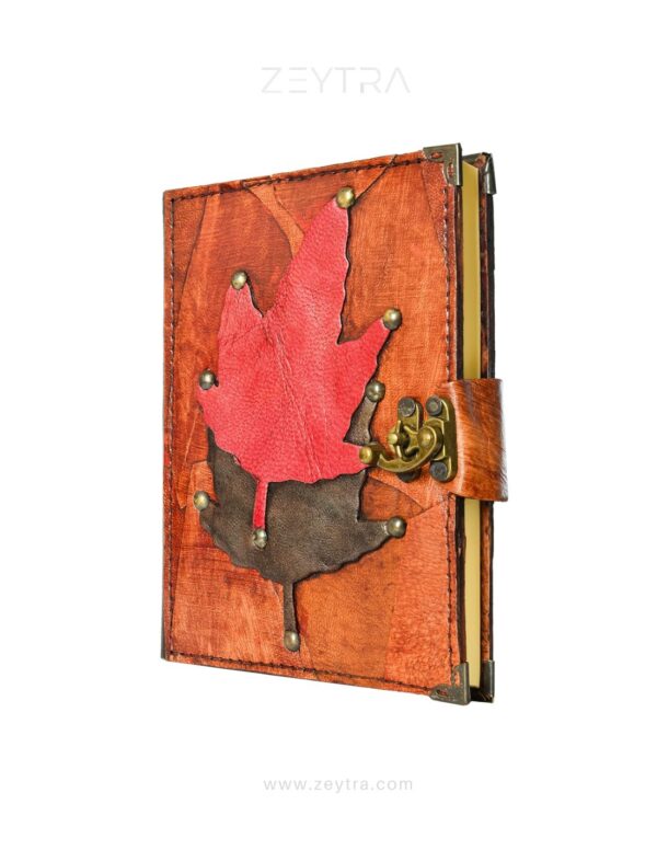 İkili Yaprak Detaylı El Yapımı Orta Boy Deri Defter 2
