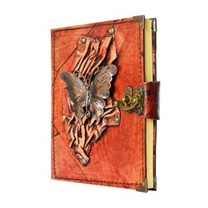 Kelebek Detaylı El Yapımı Orta Boy Deri Defter 2
