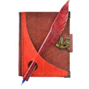 Kırmızı Kalem Detaylı El Yapımı Küçük Boy Deri Defter 1