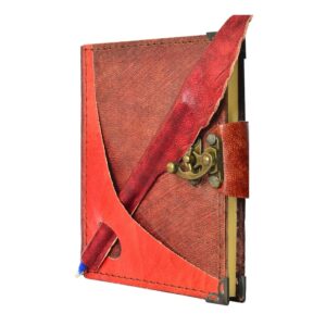 Kırmızı Kalem Detaylı El Yapımı Küçük Boy Deri Defter 2