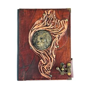 Metal Aslan Detaylı El Yapımı Büyük Boy Deri Defter 1