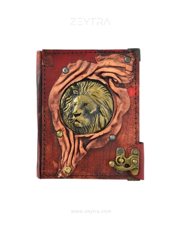 Metal Aslan Detaylı El Yapımı Küçük Boy Deri Defter 1