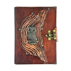 Metal Baykuş Detaylı El Yapımı Büyük Boy Deri Defter 1