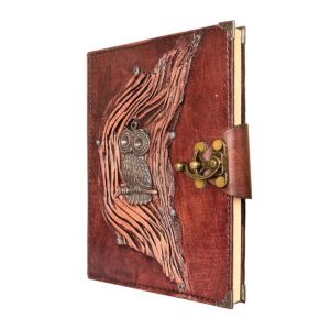 Metal Baykuş Detaylı El Yapımı Büyük Boy Deri Defter 2
