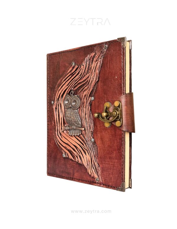 Metal Baykuş Detaylı El Yapımı Büyük Boy Deri Defter 2