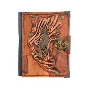 Metal Baykuş Detaylı El Yapımı Küçük Boy Deri Defter 1
