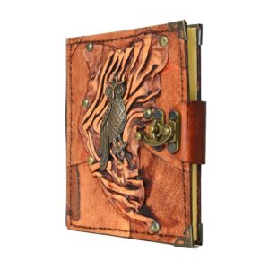Metal Baykuş Detaylı El Yapımı Küçük Boy Deri Defter 2