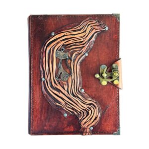 Metal Kedi Detaylı El Yapımı Büyük Boy Deri Defter 1