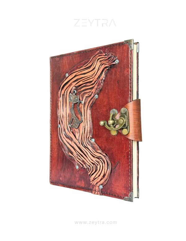 Metal Kedi Detaylı El Yapımı Büyük Boy Deri Defter 2