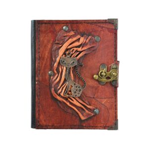 Metal Kedi Detaylı El Yapımı Küçük Boy Deri Defter 1