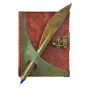 Yeşil Kalem Detaylı El Yapımı Küçük Boy Deri Defter 1