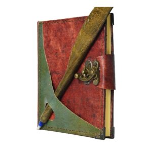 Yeşil Kalem Detaylı El Yapımı Küçük Boy Deri Defter 2